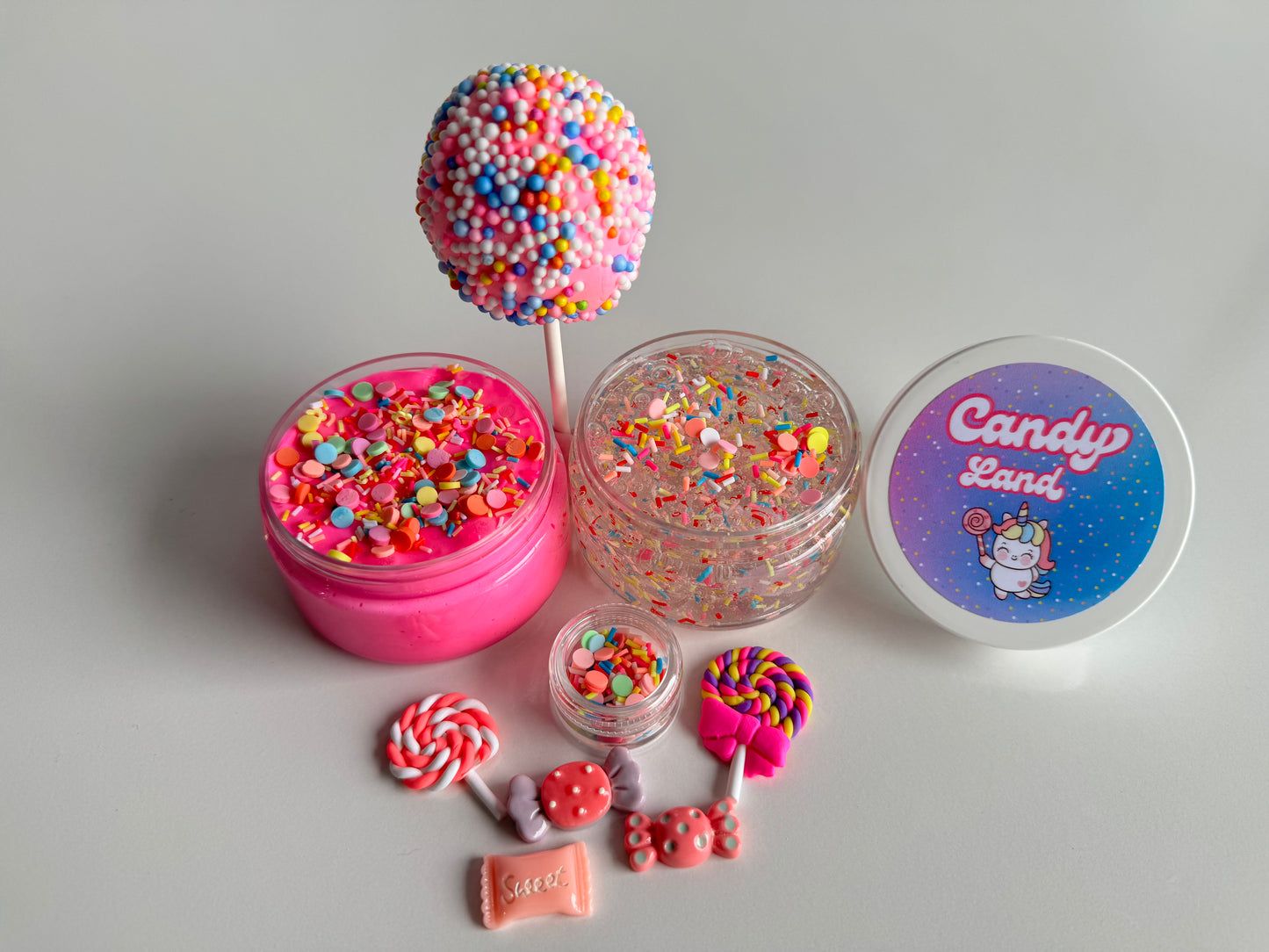 Slime O Licious Candy Land Slime Kit with candy themed charms. Clear Slime and Thick and Glossy Pink Slime 