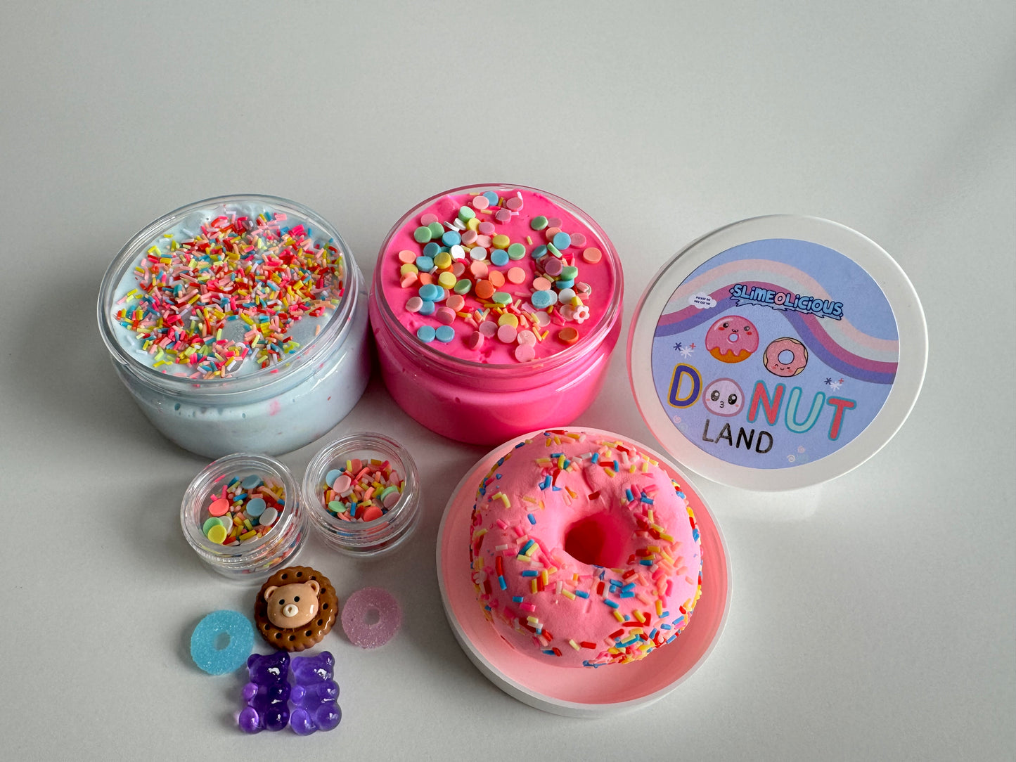 Donut Land Slime with a donut clay piece to squish into your slime, charms and sprinkles