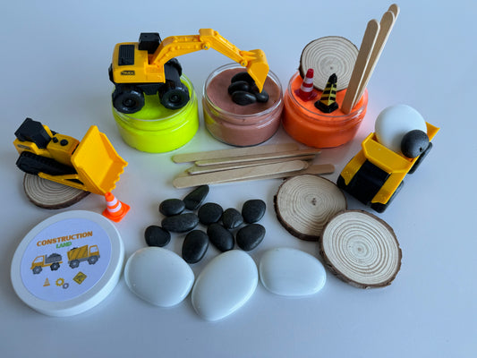 Construction Playdough Kit with brown orange and yellow playdough, construction vehicles and accessories for creative sensory play 